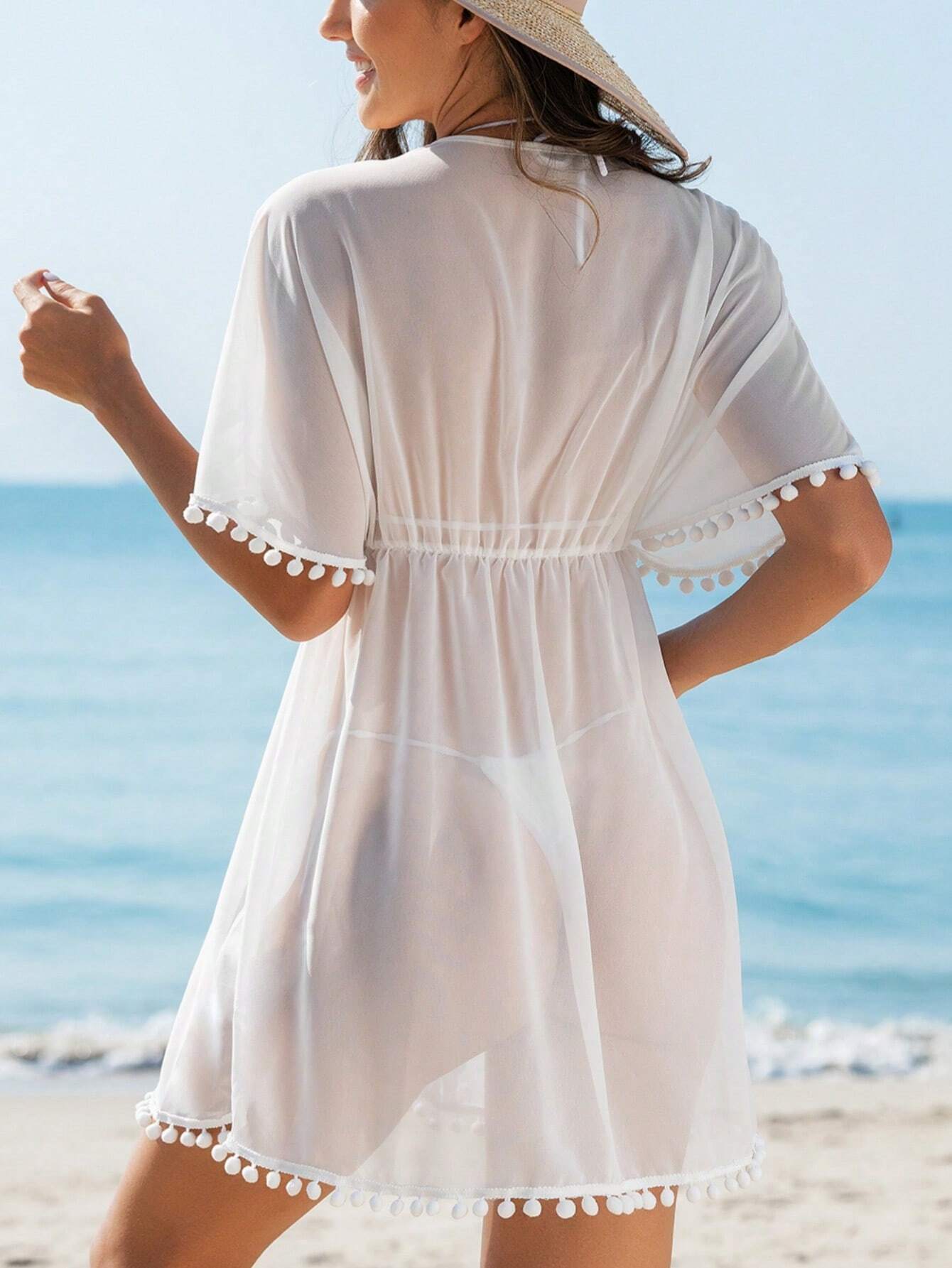 Saída de praia Feminina com floral malha cintura gravata Misaki
